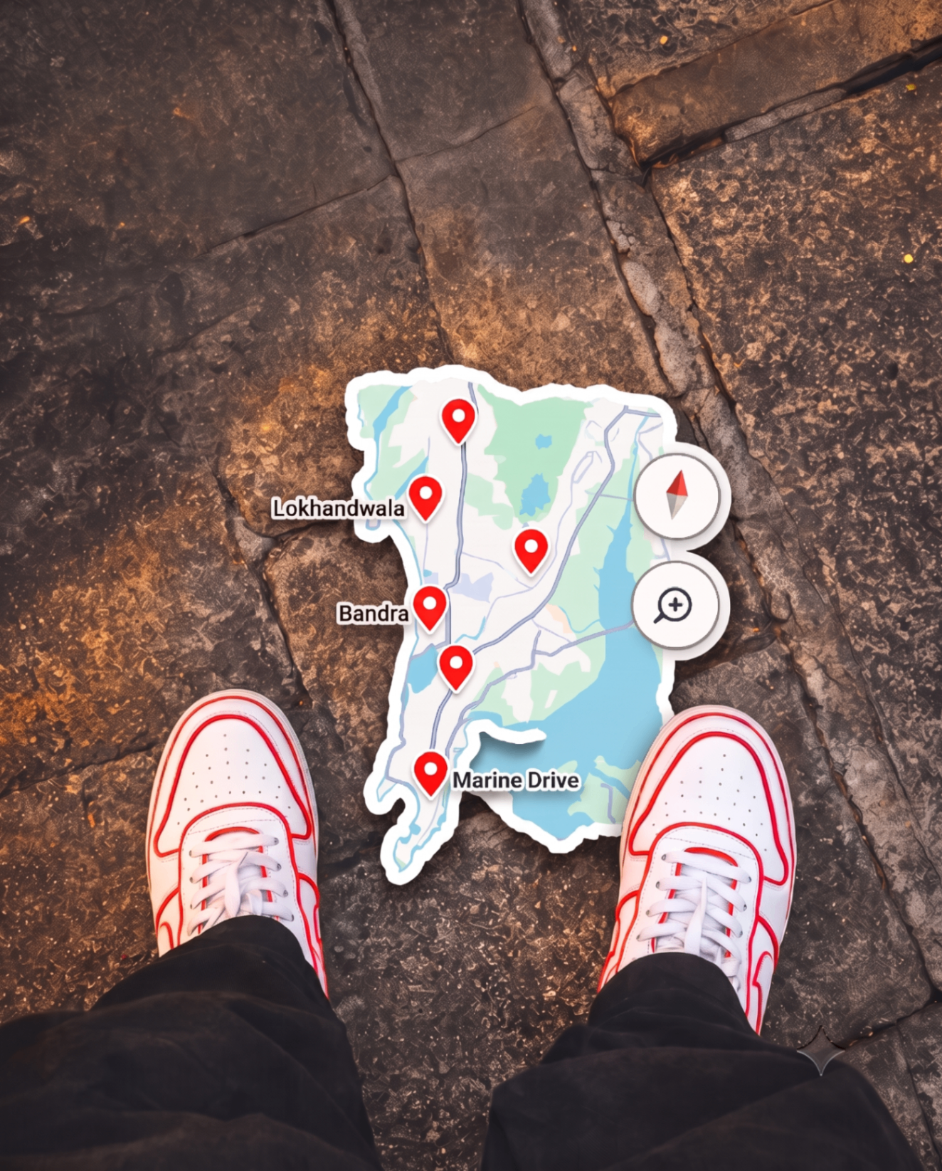 Mumbai map with location pins and sneakers