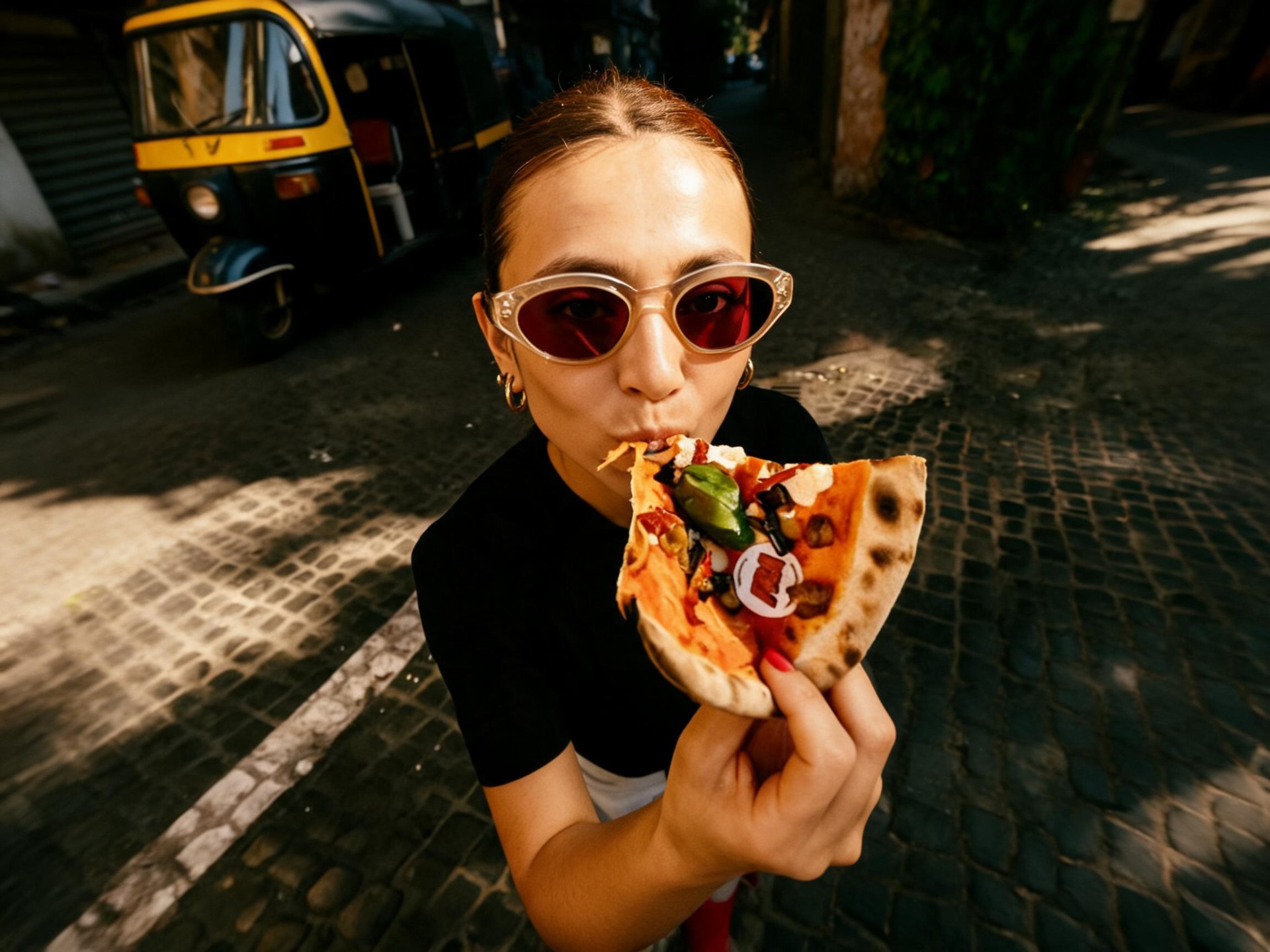 Gen Z Mumbaikar eating Hundo pizza on the street