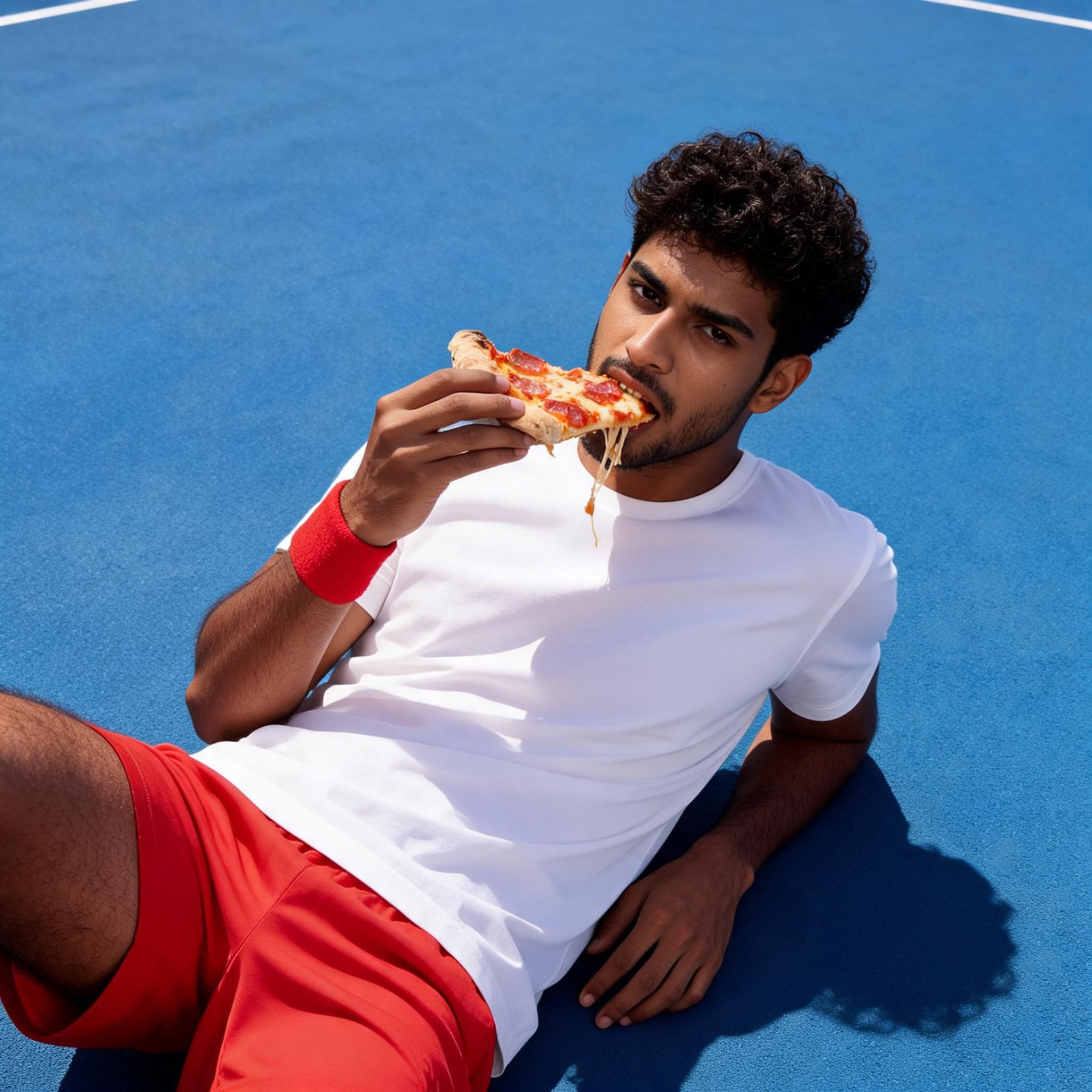 Young man eating Hundo pizza on a tennis court